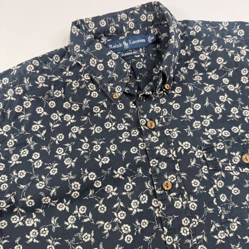 Ralph Lauren Button Down Shirt Mens Medium Black Floral Short Sleeve‎ Pocket